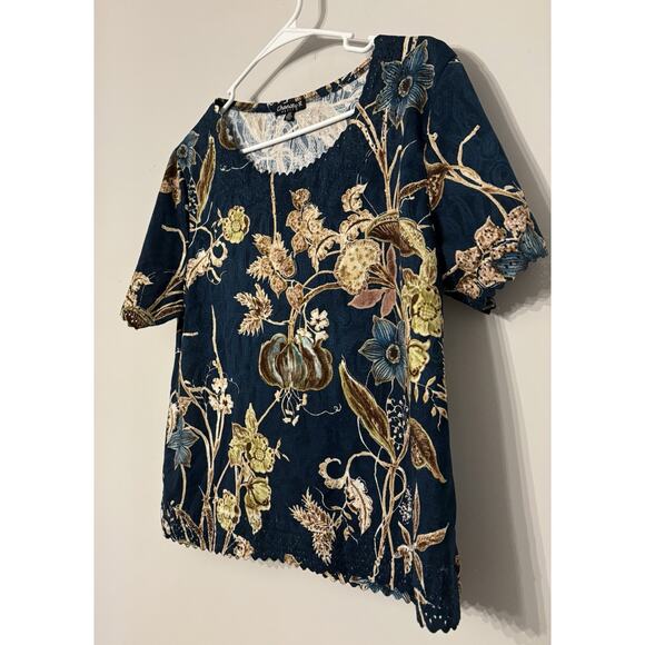 Chance R Floral Lace Trim Short Sleeve Blouse Top Women’s Size L Multicolor Boho - Picture 2 of 5